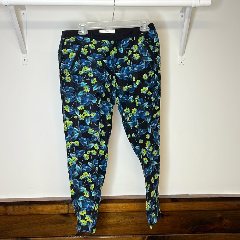 Joie Black, Blue &β Green Floral Silk and Linen Blend Pants- 8